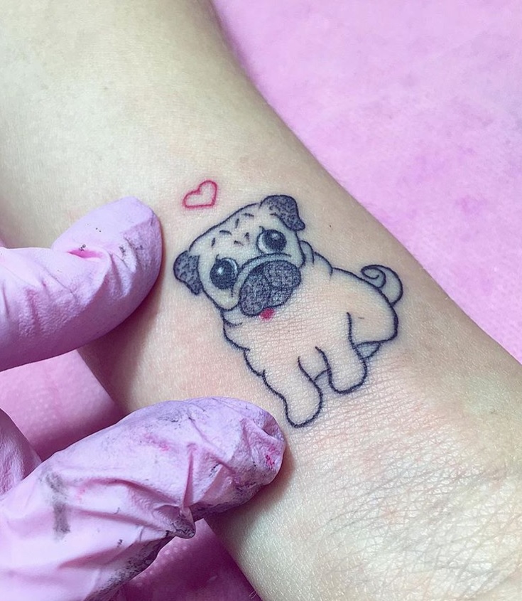 whale eyed Pug dog outline tattoo on the wrist