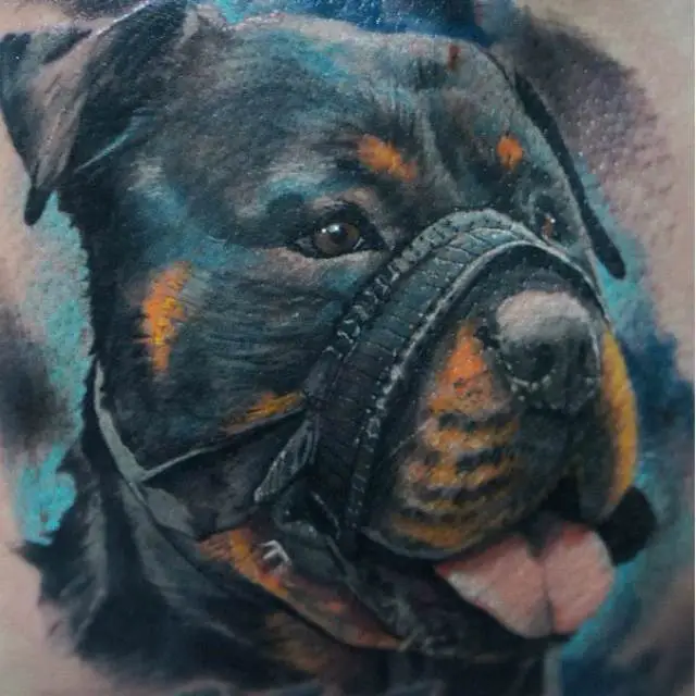 Rottweiler with a mouth cover Tattoo
