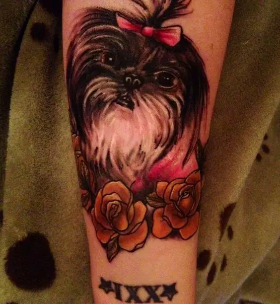 3D face of Shih Tzu and flowers tattoo on arm