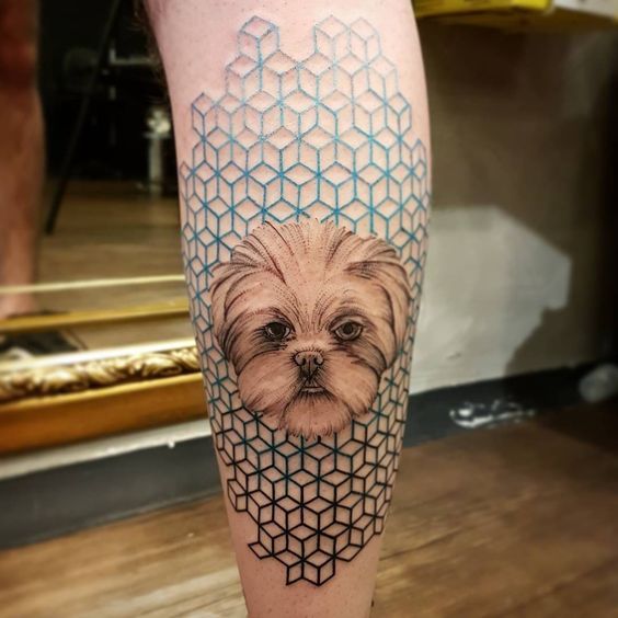 face of Shih Tzu with a geometric background tattoo on the leg