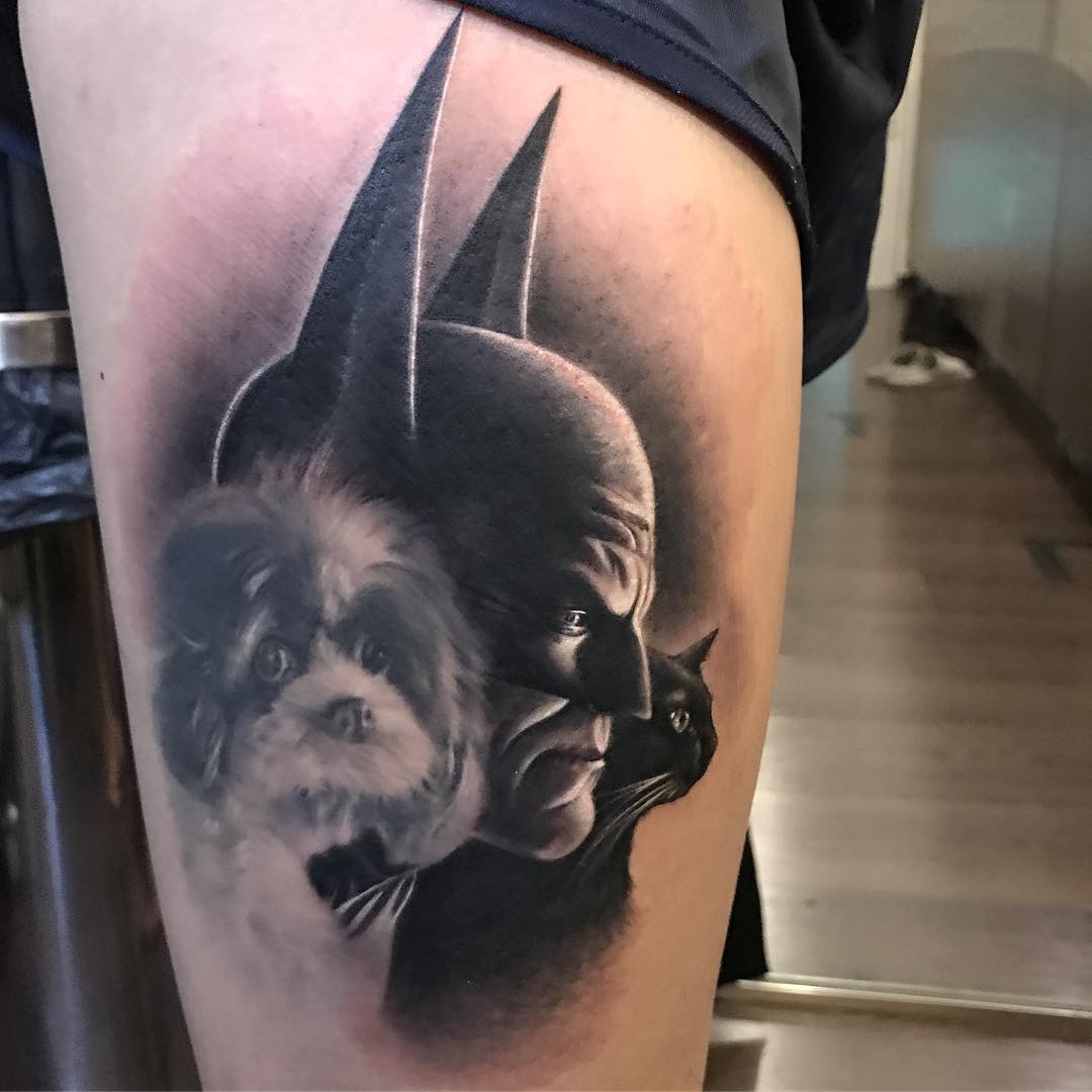 Shih Tzu with batman and a cat Tattoo