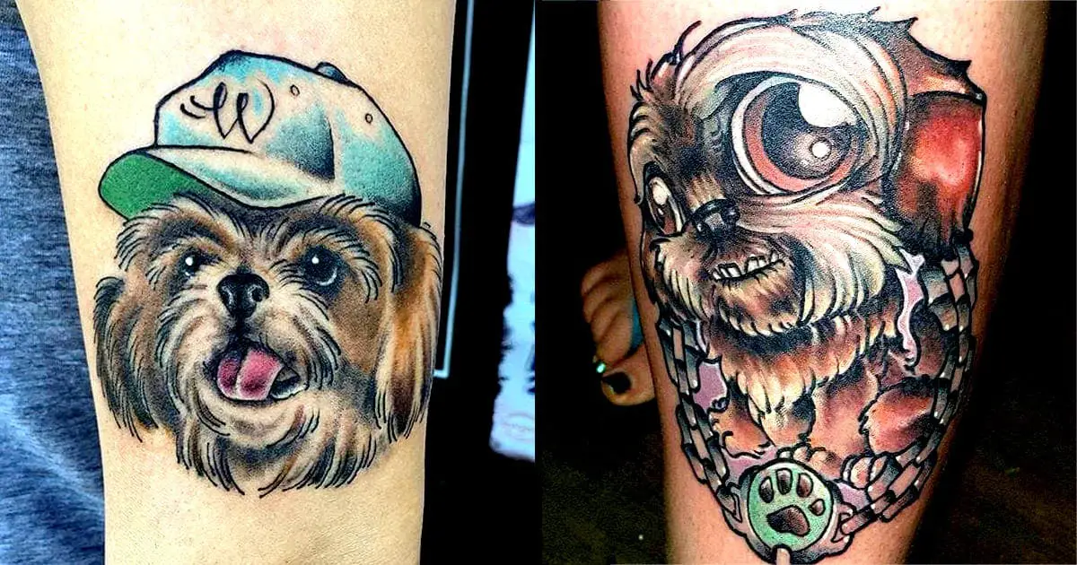 collage photo of colorful Shih Tzu Tattoos on arms and legs