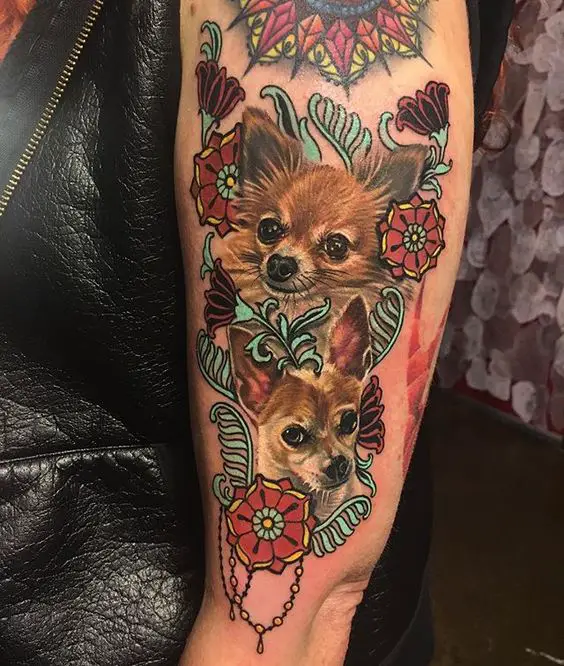 two Chihuahuas with flowers tattoo on the arm