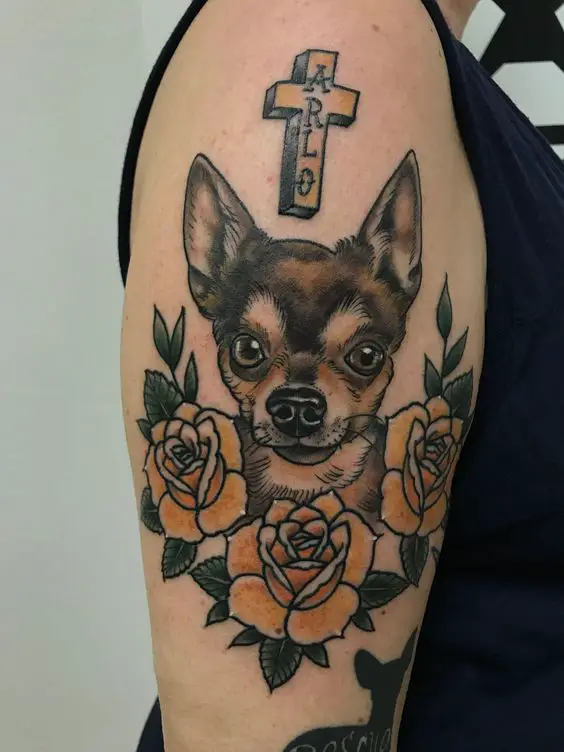 Chihuahua with flowers and cross with 