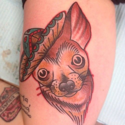 Chihuahua wearing a mexican hat tattoo on the biceps