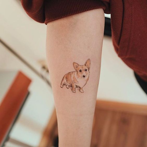 minimalist sitting corgi tattoo on the forearm