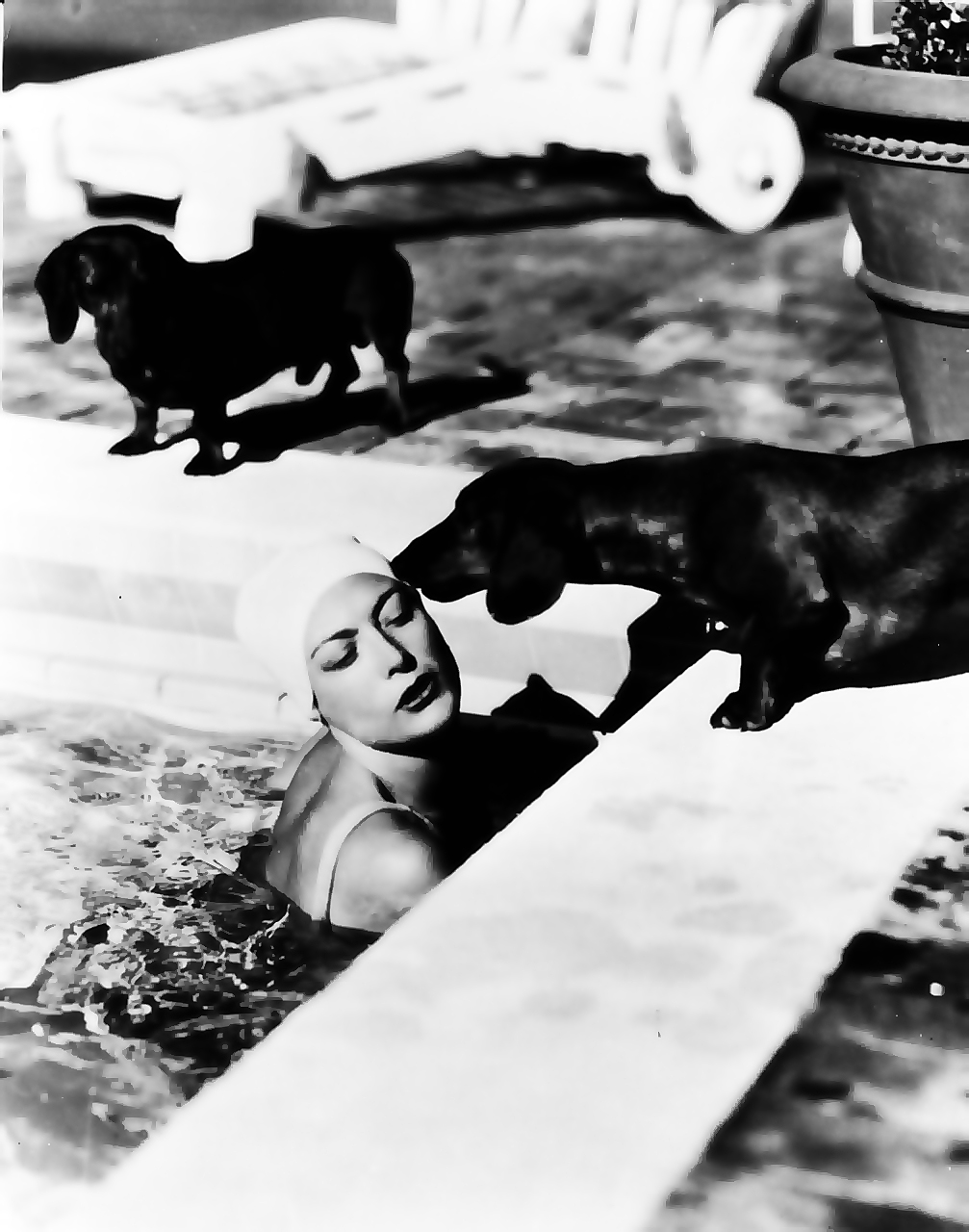 Joan Crawford in the pool while her Dachshund is kissing her in the head