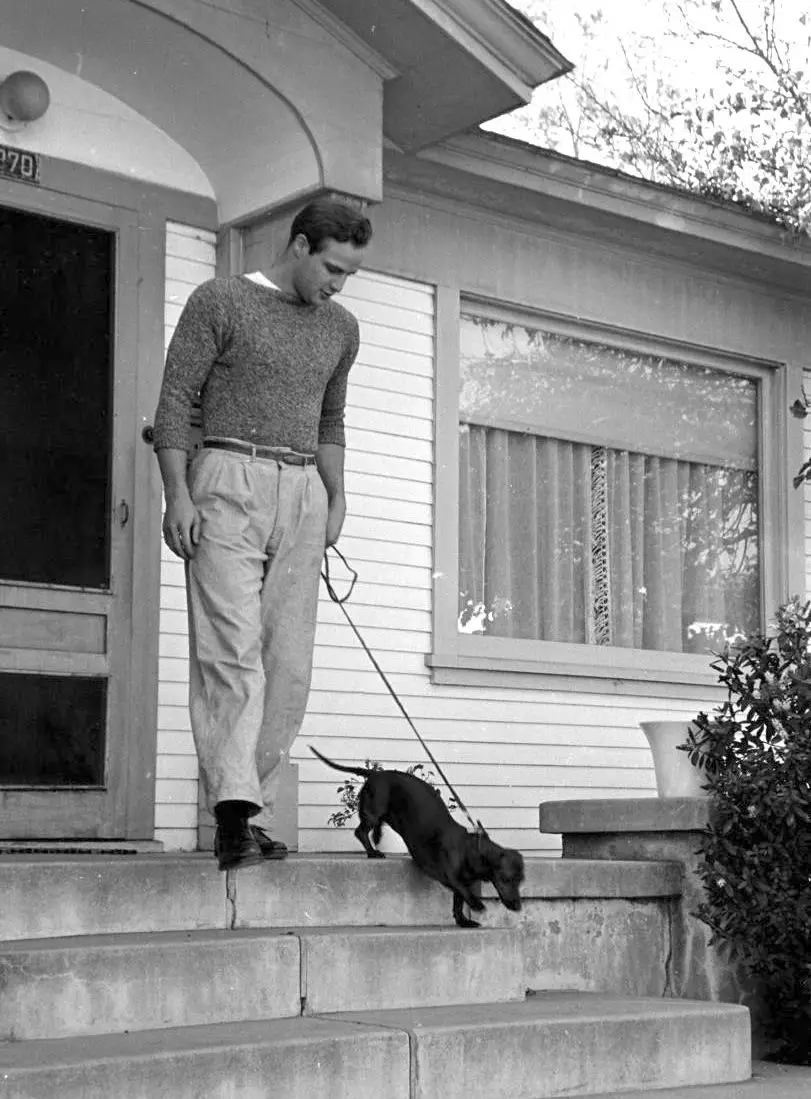 black and white photo of Marlon Brando and his Dachshund walking down the stairs