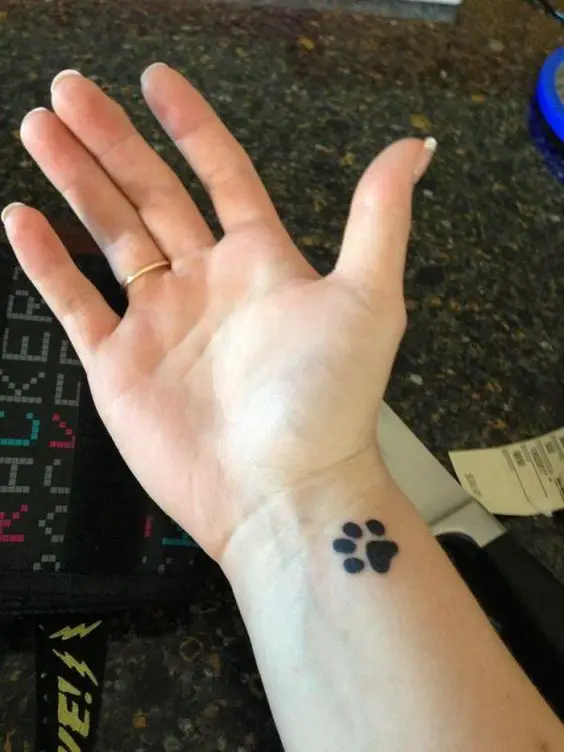 a paw print tattoo on the wrist of the woman