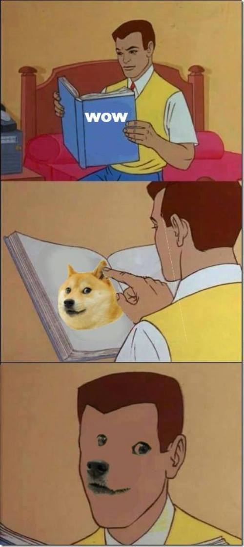 man reading a book titled wow, inside is the face of Shiba Inu, and then his face became a Shiba Inu