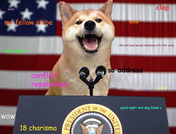 edited photo of Shiba Inu giving a speech with thoughts 