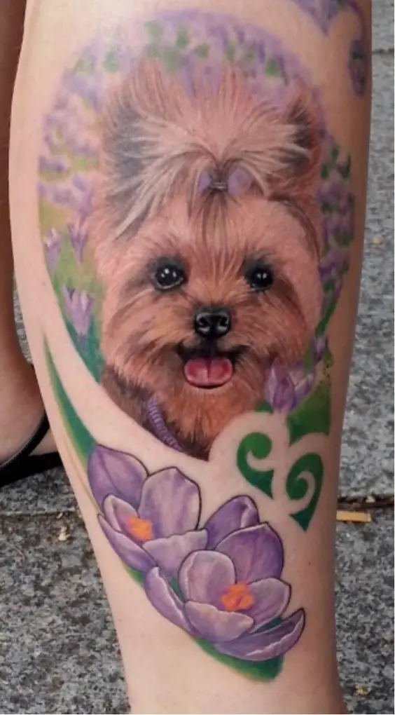a smiling yorkiw in the field of purple flowers tattoo on the leg