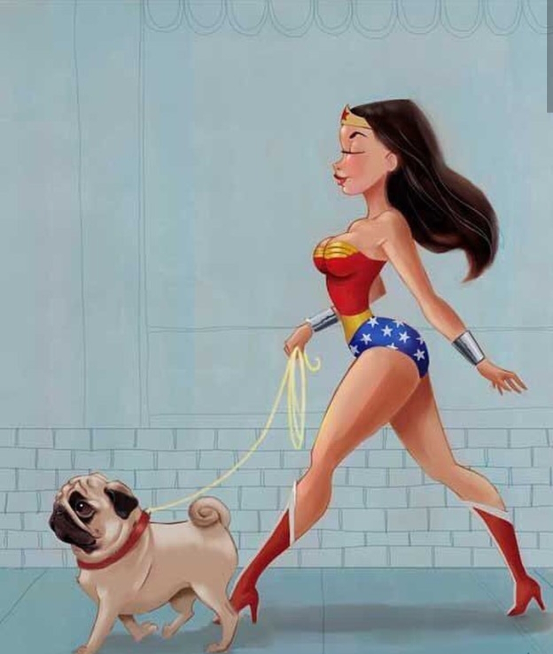 animated wonderwoman walking in the street with her pug