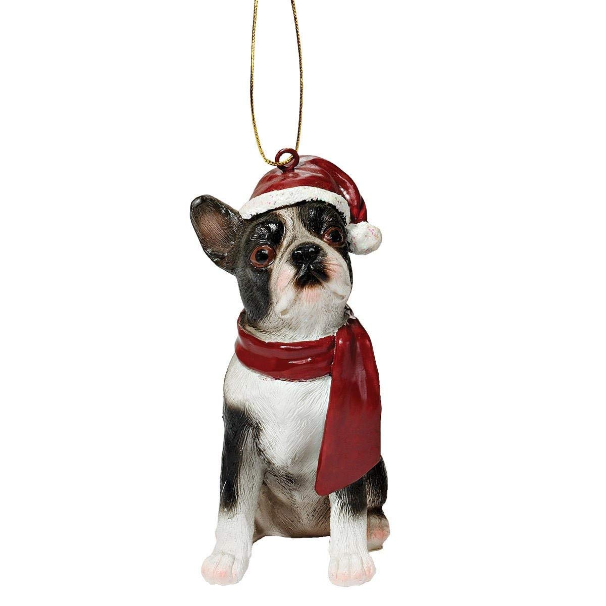 Boston Terrier wearing ref scarf and christmas hat ornamental gift