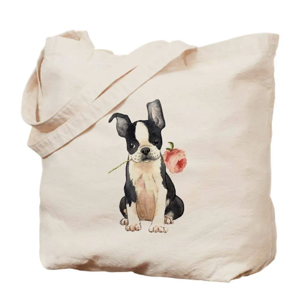 Tote Bag printed with a sitting Boston Terrier with a picked rose in its mouth