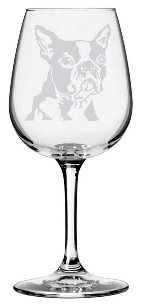 etched wine glass with a subtle print of a Boston Terrier