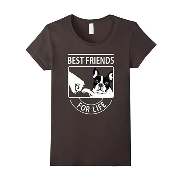 T-shirt print with a Boston Terrier doing a fist bump with a hand and text that reads 