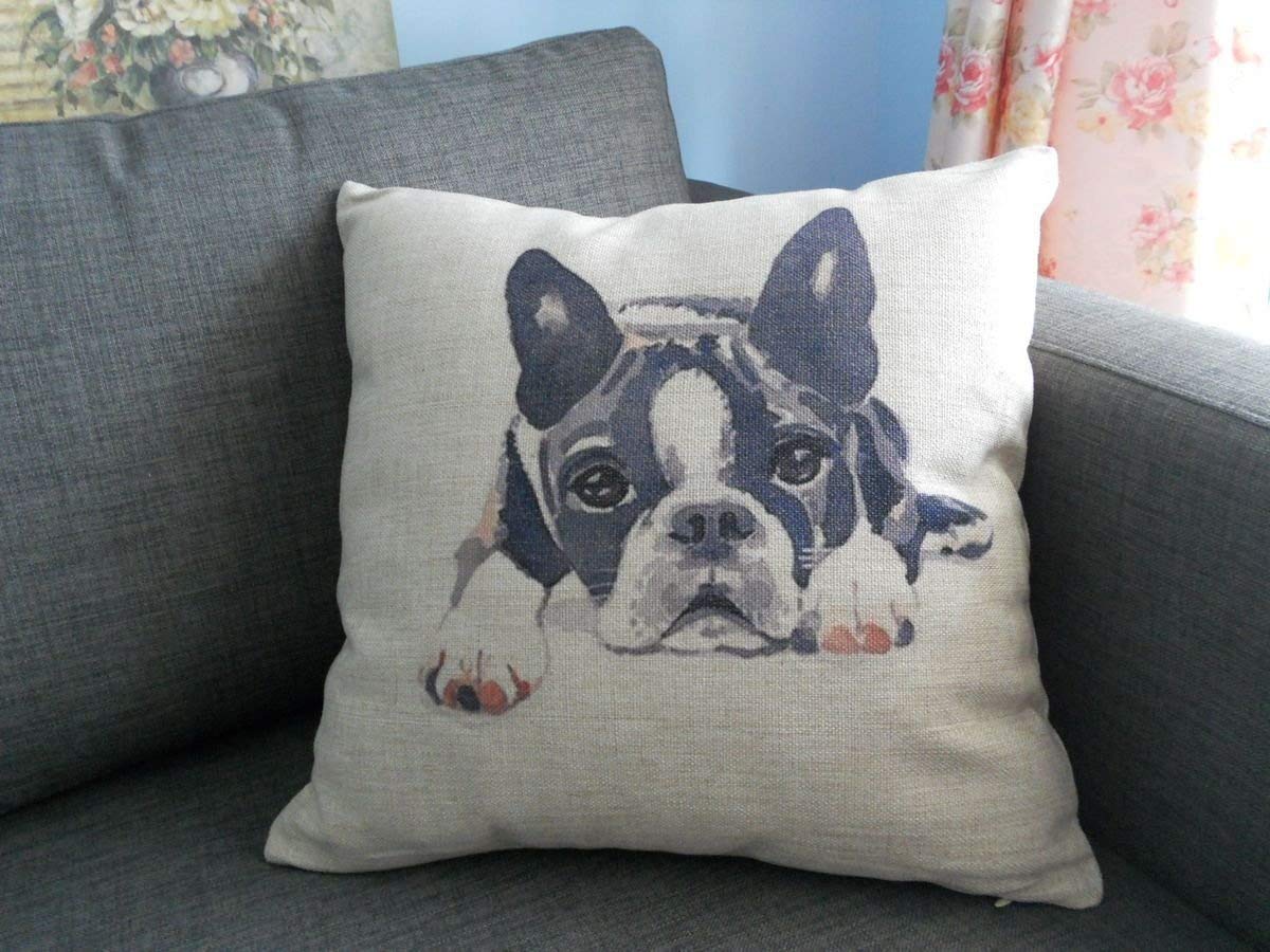 Throw Pillow case with a print of a lying down Boston Terrier