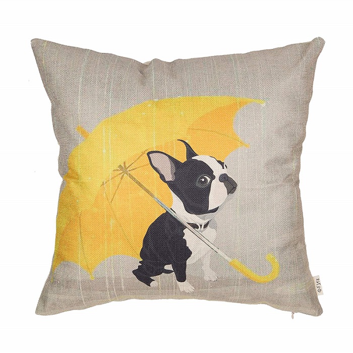 Throw Pillow printed with Boston Terrier sitting under a yellow umbrella