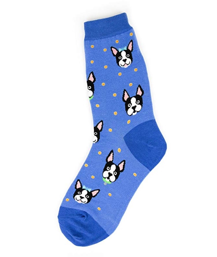 woman's socks with faces of Boston Terrier prints