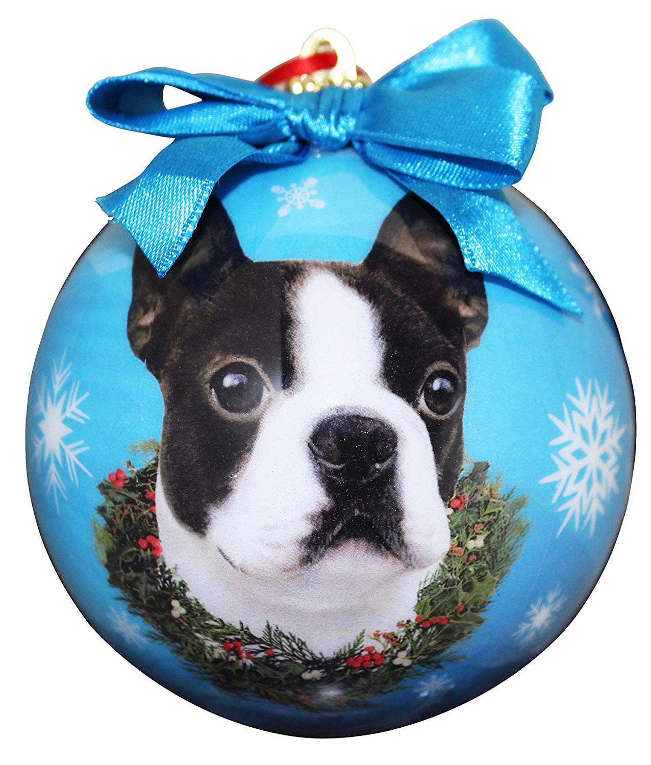 face of a Boston Terrier printed in a christmas ball ornament