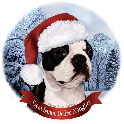 Boston Terrier in santa hat porcelain christmas tree ornament