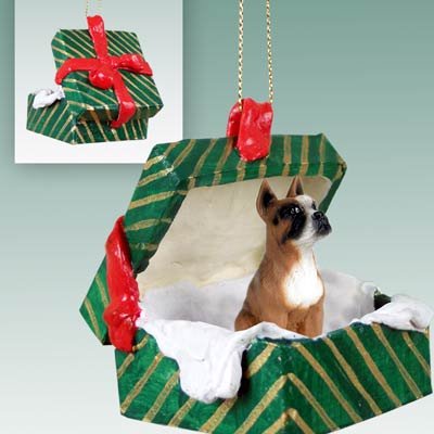 A Boxer dog in a gift box christmas ornament