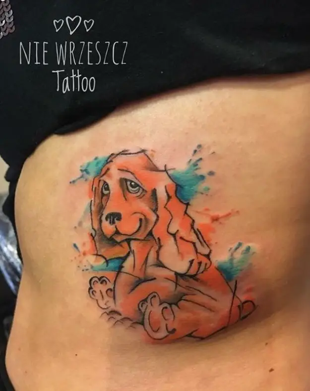 animated sketch style of sitting Cocker Spaniel Tattoo on the back