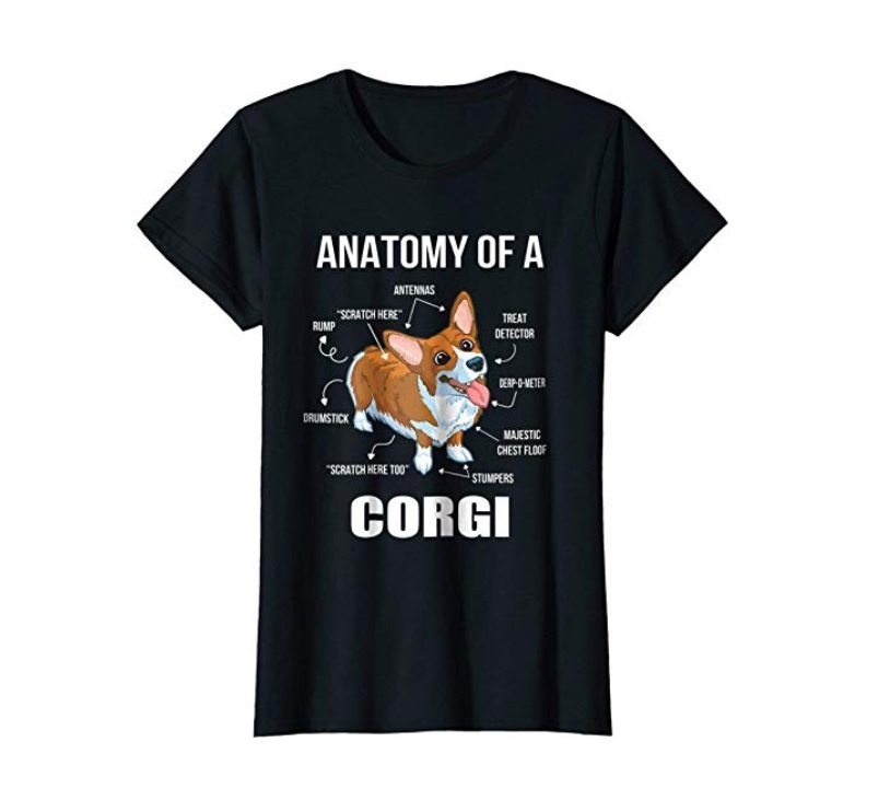 black T-shirt printed with Anatomy of a Corgi
