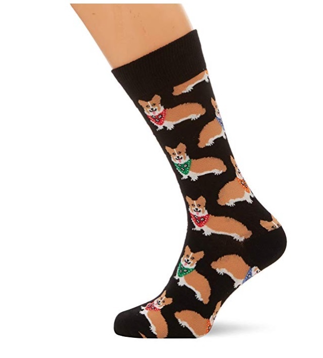 black socks with corgi prints