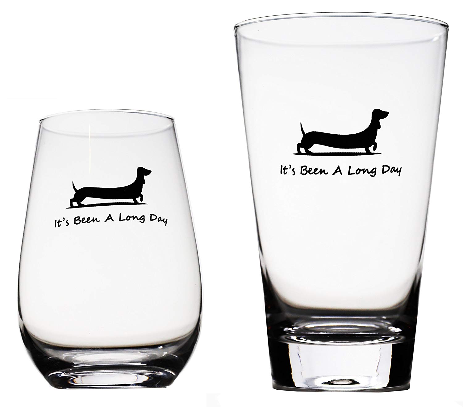 A novelty beer glass and white glass with Dachshund print and message - It's been a long day
