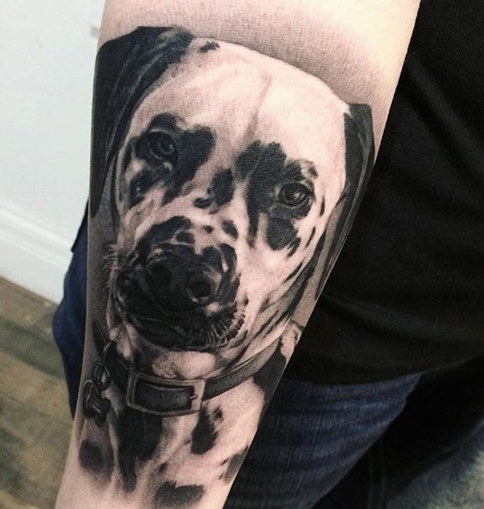 3D face of Dalmatian large tattoo on forearm