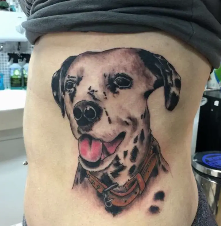 face of Dalmatian with its mouth open large tattoo on the side of the body 