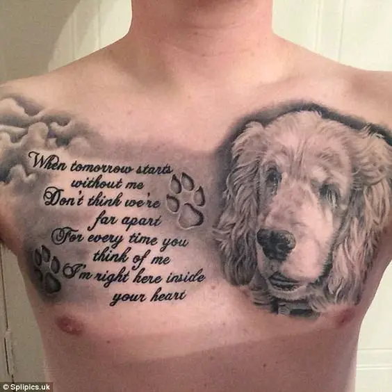 face of a dog with paw prints in clouds with a quote 