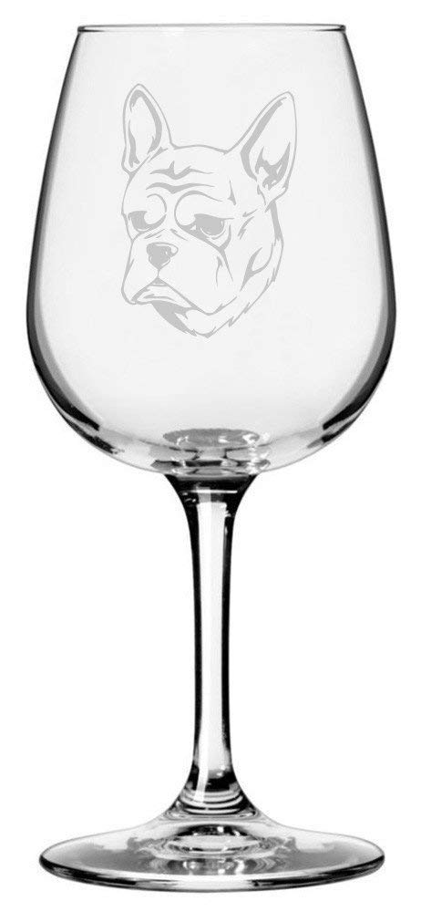 An etched wine glass with a French Bulldog