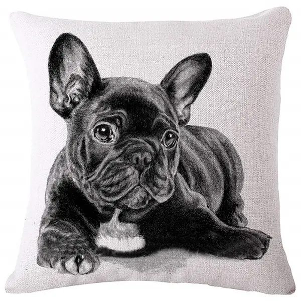 A pillow case with a black French Bulldog lying down print