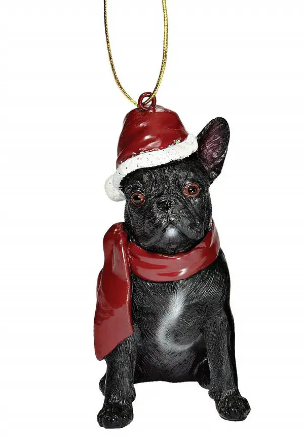 A French Bulldog wearing a red scarf and red hat christmas tree ornament