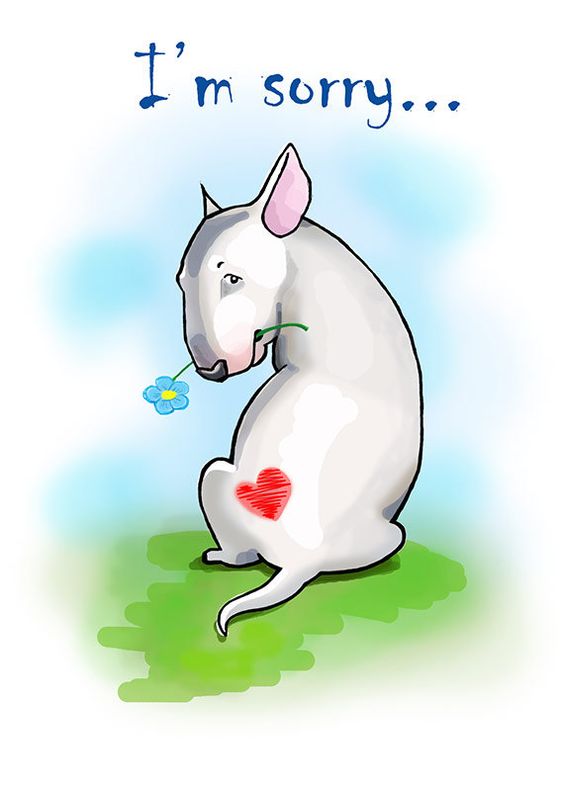animated white Bull Terrier sitting on the grass with a flower on its mouth and heart on its butt and a text 