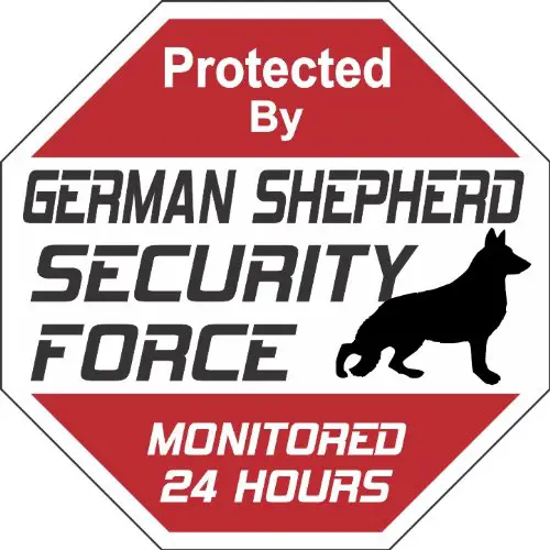 A German Shepherd Yard Sign that says- Protected by German Shepherd security Force monitored 24 hours