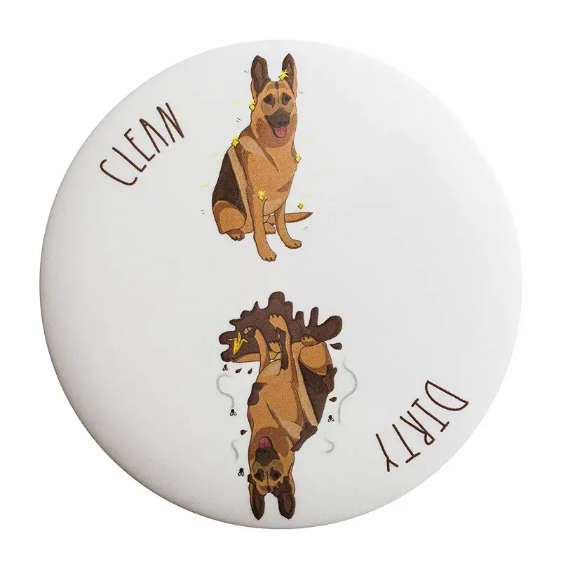 A dishwasher magnet with a clean and dirty portrait of German Shepherd