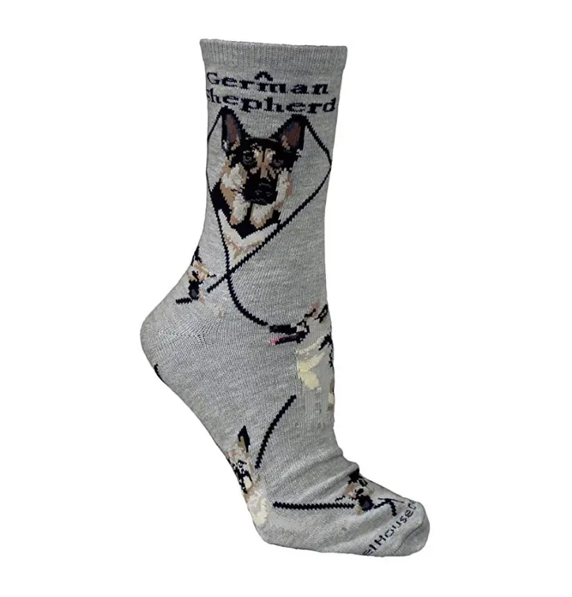 A gray socks with german shepherd pattern
