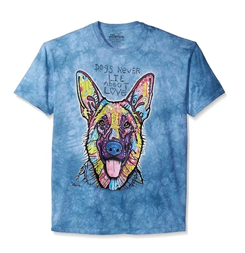 A blue shirt printed with a colorful portrait of a german shepherd with message - Dogs never lie about love