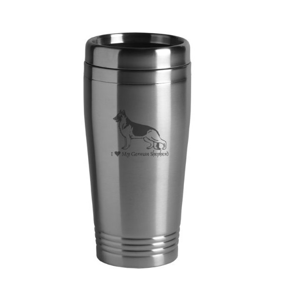 a stainless mug designed with a german shepherd