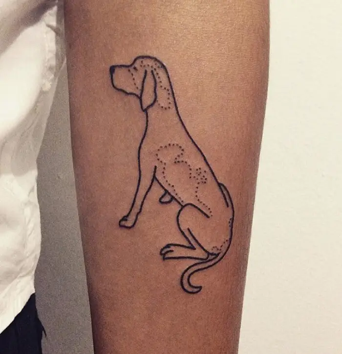 outline of a sitting German Shorthaired Pointer dog tattoo on the forearm