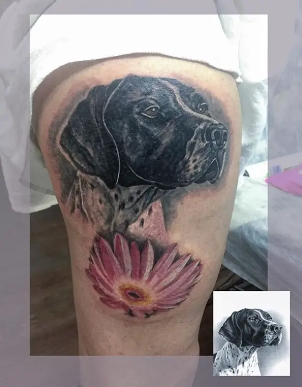 realistic sideview face of a German Shorthaired Pointer dog on top of a pink daisy flower tattoo on the leg