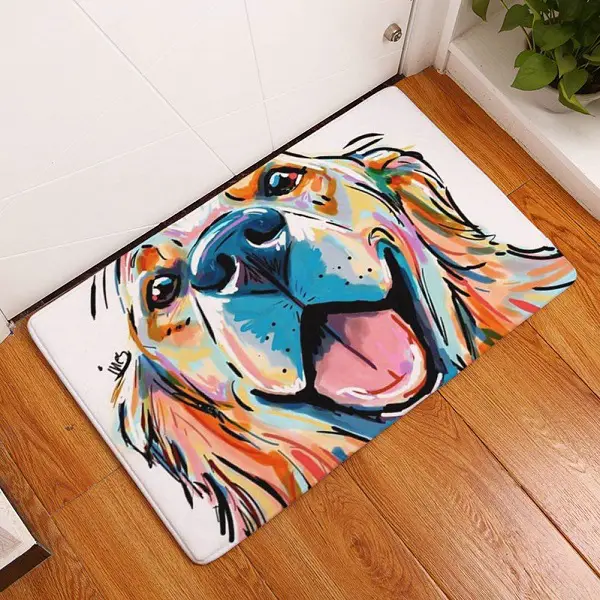 A floor mat with a colorful smiling face artwork of a Golden Retriever