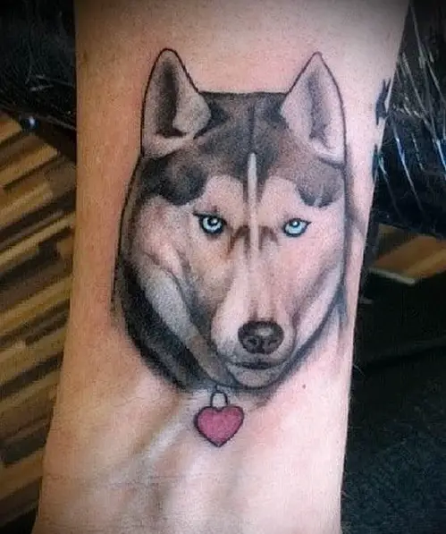 minimalist face of a black and white Husky with blue eyes and wearing a hear necklace tattoo on the wrist of a man
