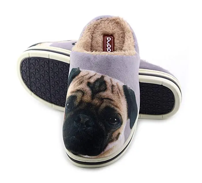 A pair of winter slippers with pug print