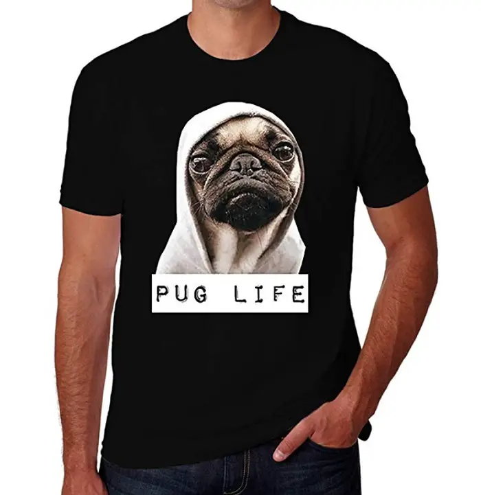 A black T-Shirt printed with a Pug wearing a hoodie