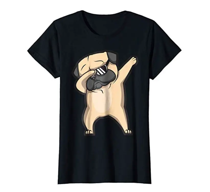 A black T-Shirt printed with a dabbing pug